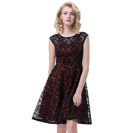 Black & Wine Red Brocade Skater Dress