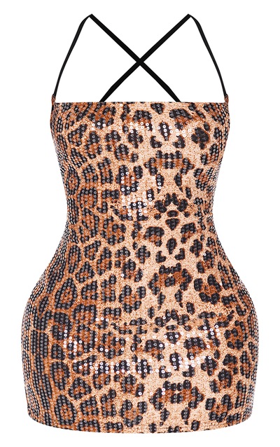 Shape Leopard Sequin Halter Neck Strap Mini Dress